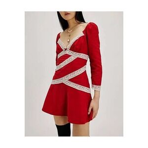 Free People Corduroy Lace Trim Mini Dress Red Large NWT Cottagecore Babydoll